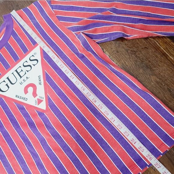 Y2K Guess Retro Red Purple Striped Classic Logo Long Sleeve T-shirt - Picture 9 of 16